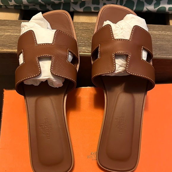 Hermes Tan Leather Slide Sandals - Picture 1 of 1
